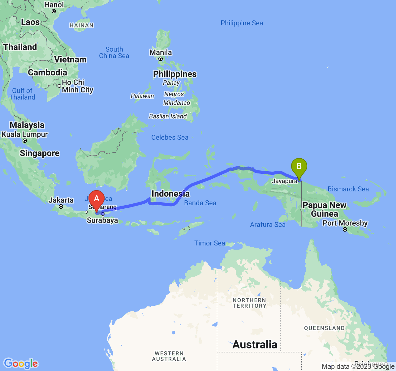 perjalanan dengan rute Kab. Bojonegoro-Kota Jayapura