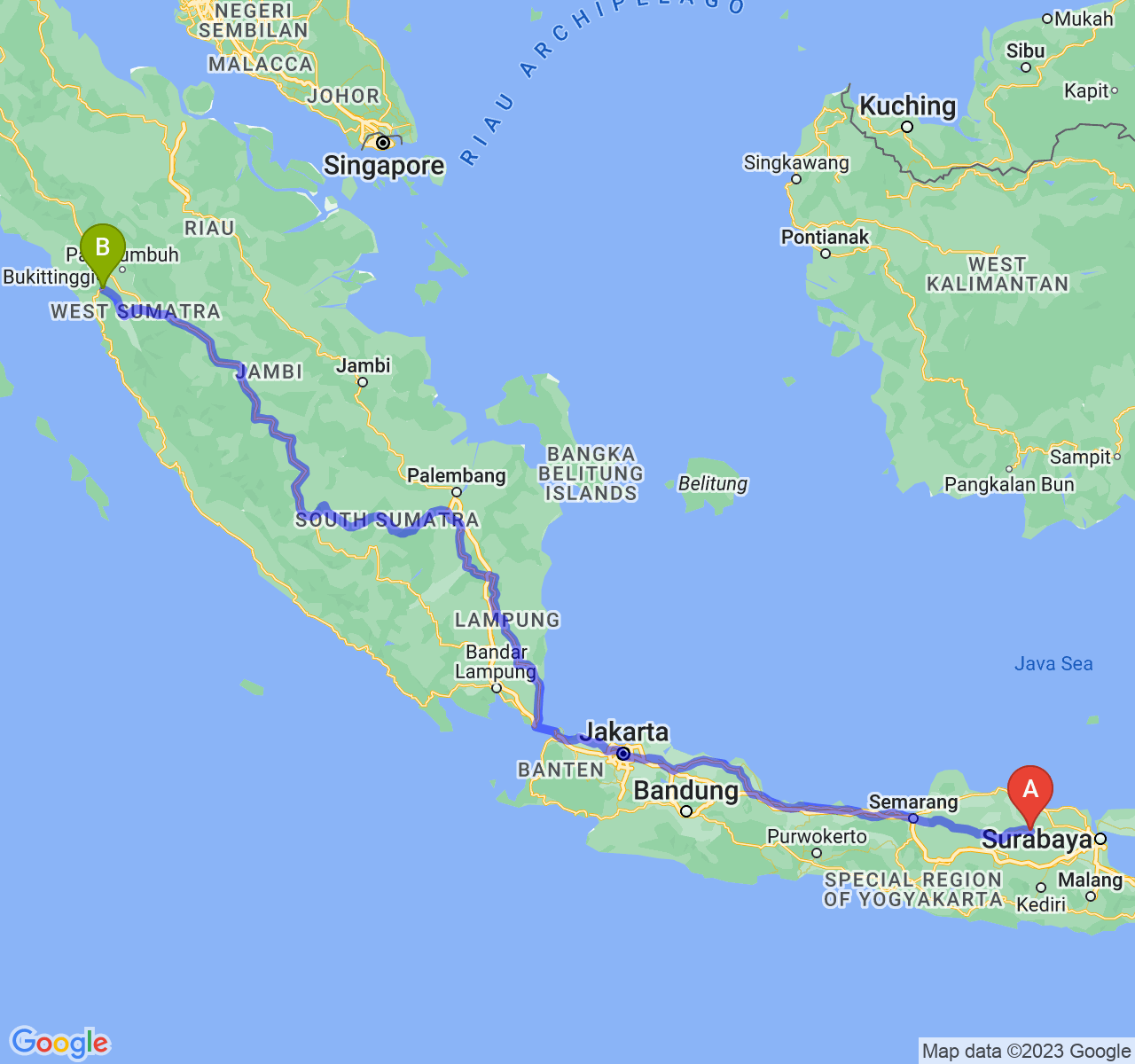 perjalanan dengan rute Kab. Bojonegoro-Kota Padang Panjang