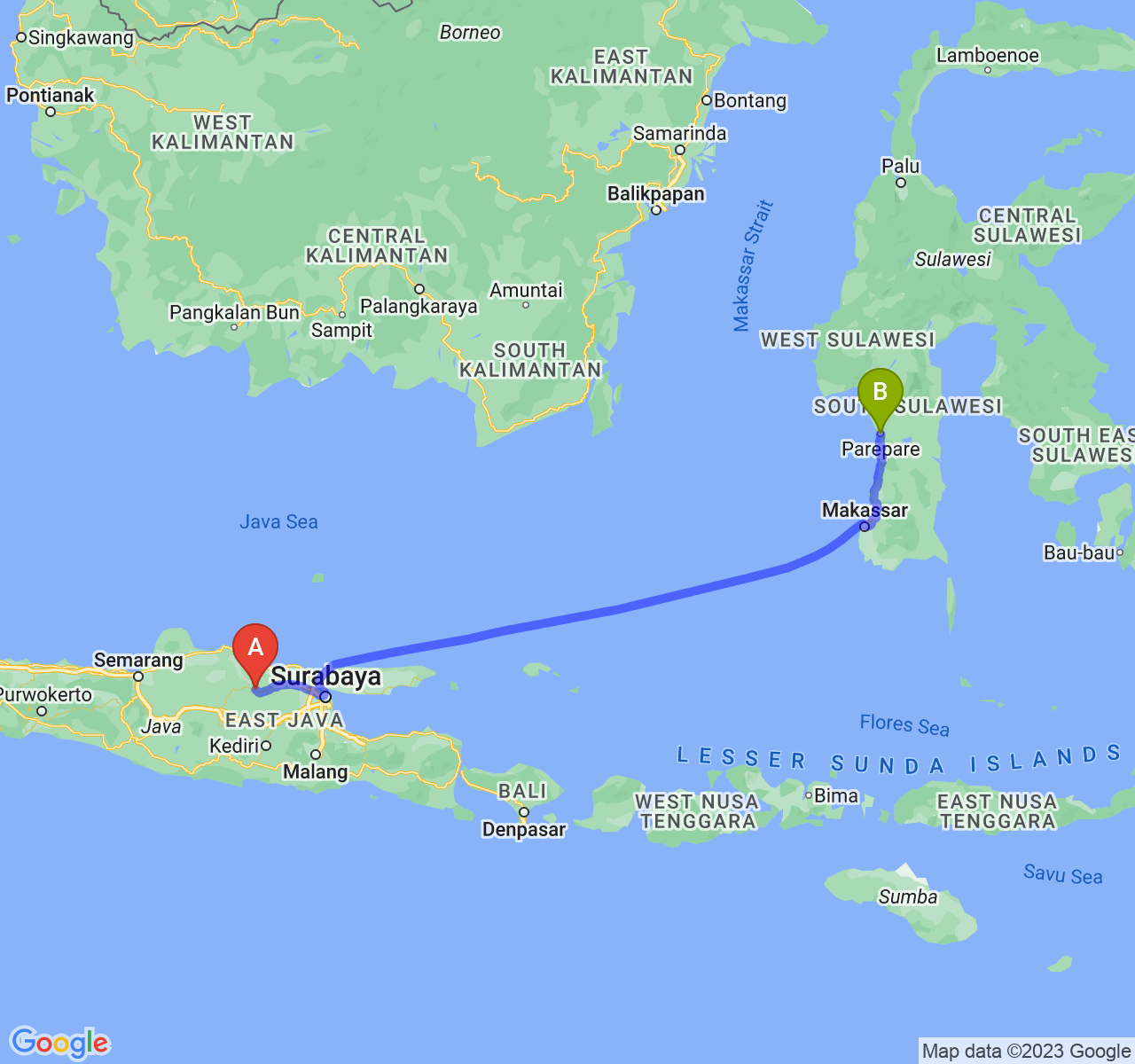 perjalanan dengan rute Kab. Bojonegoro-Kota Parepare