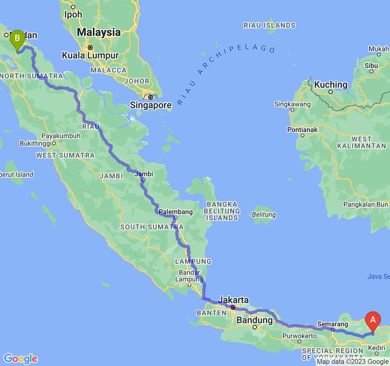 perjalanan dengan rute Kab. Bojonegoro-Kota Pematangsiantar