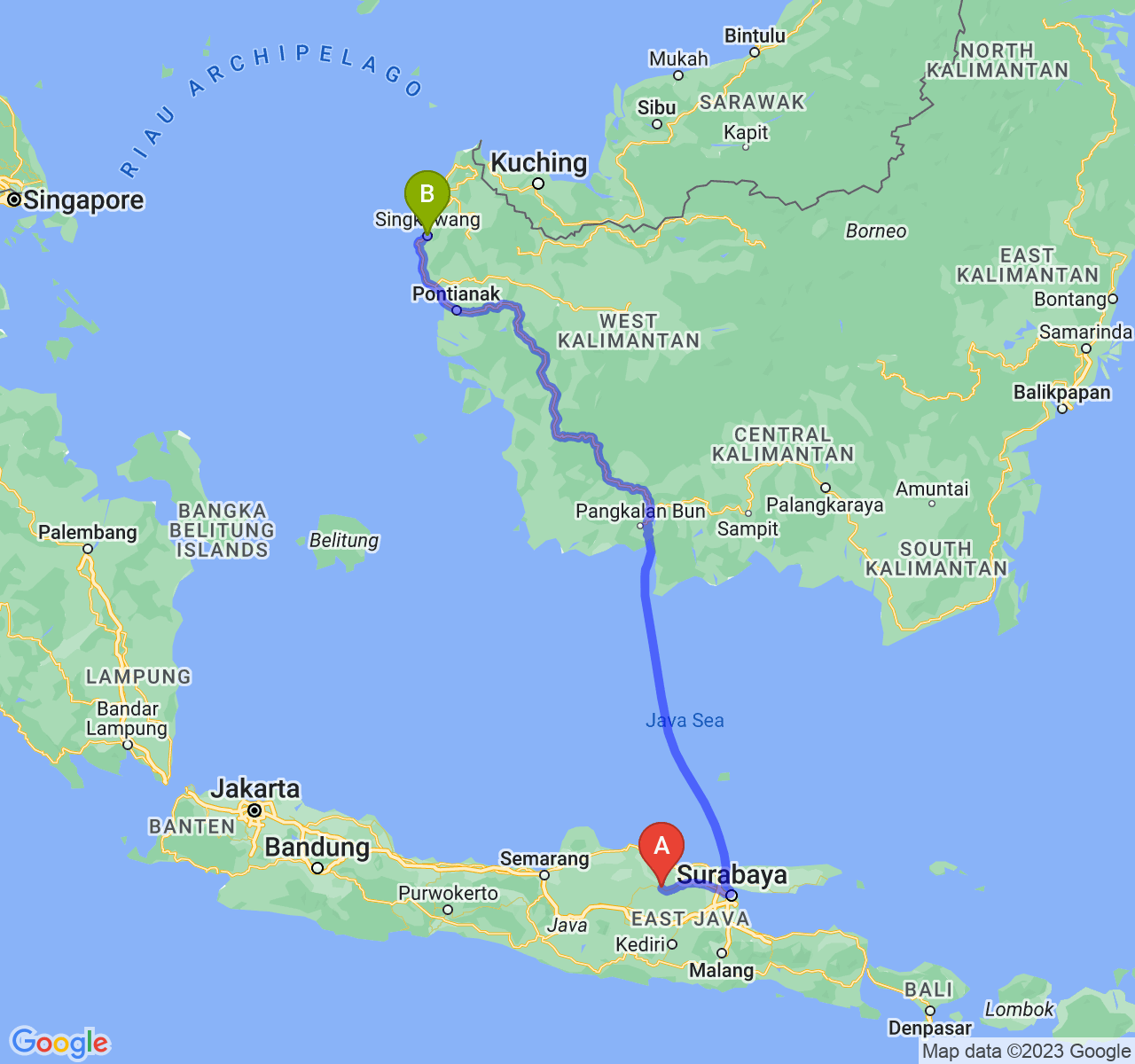 perjalanan dengan rute Kab. Bojonegoro-Kota Singkawang