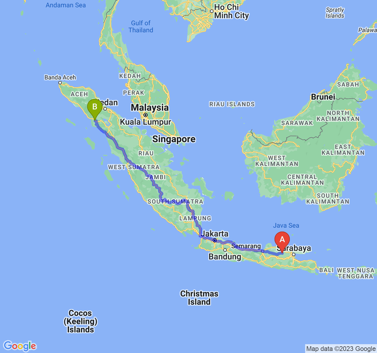 perjalanan dengan rute Kab. Bojonegoro-Kota Subulussalam