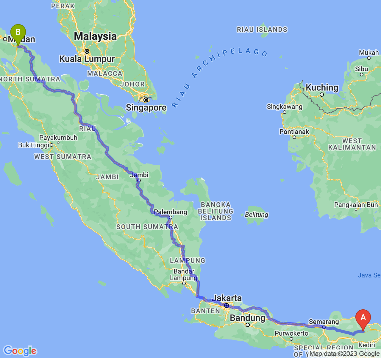 perjalanan dengan rute Kab. Bojonegoro-Kota Tebing Tinggi