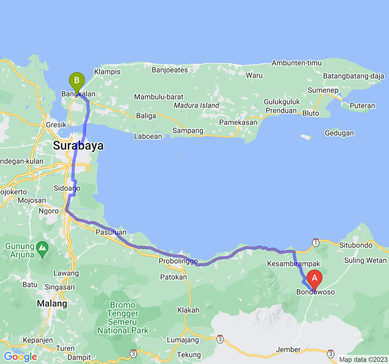 perjalanan dengan rute Kab. Bondowoso-Kab. Bangkalan