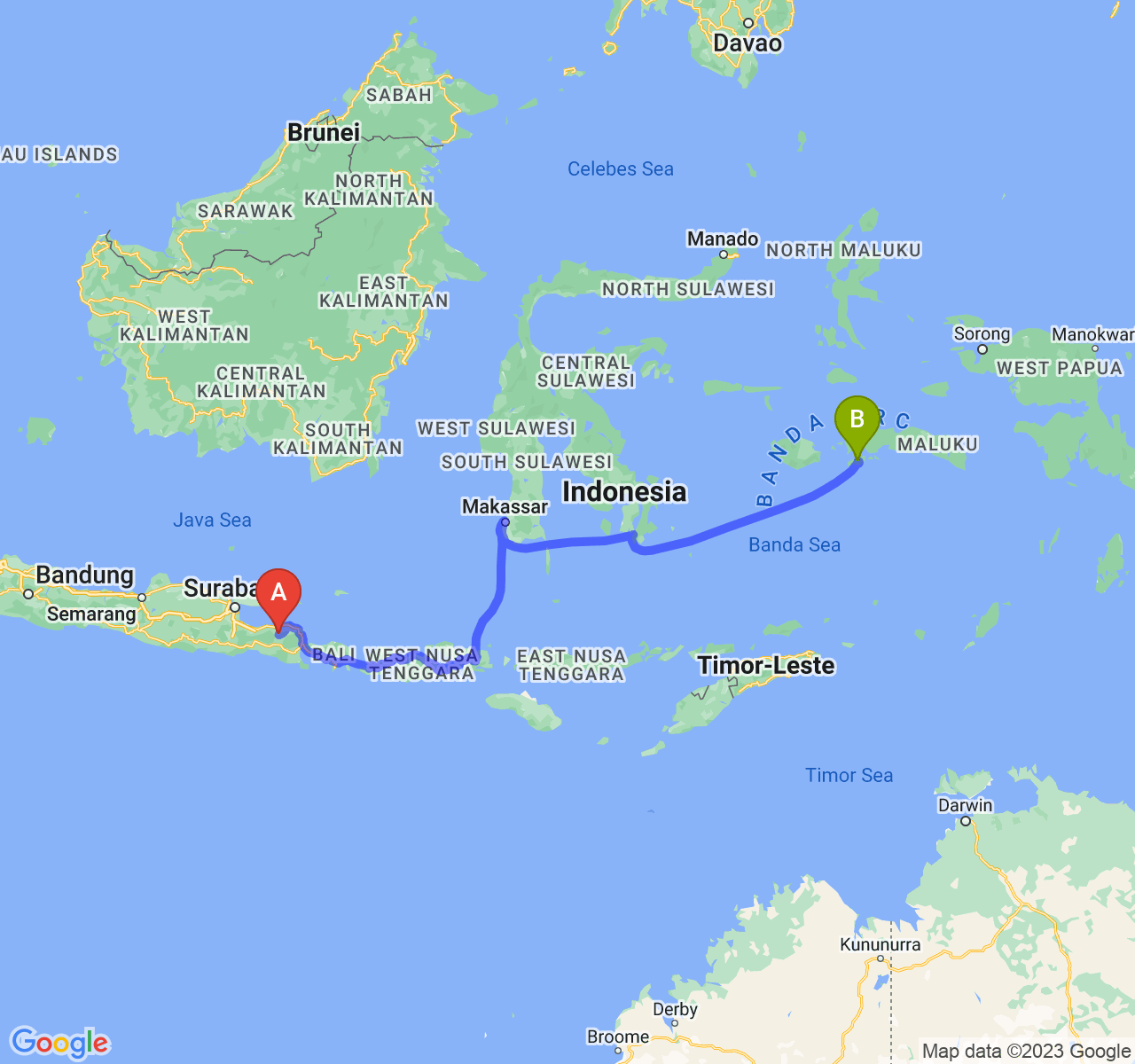 perjalanan dengan rute Kab. Bondowoso-Kota Ambon