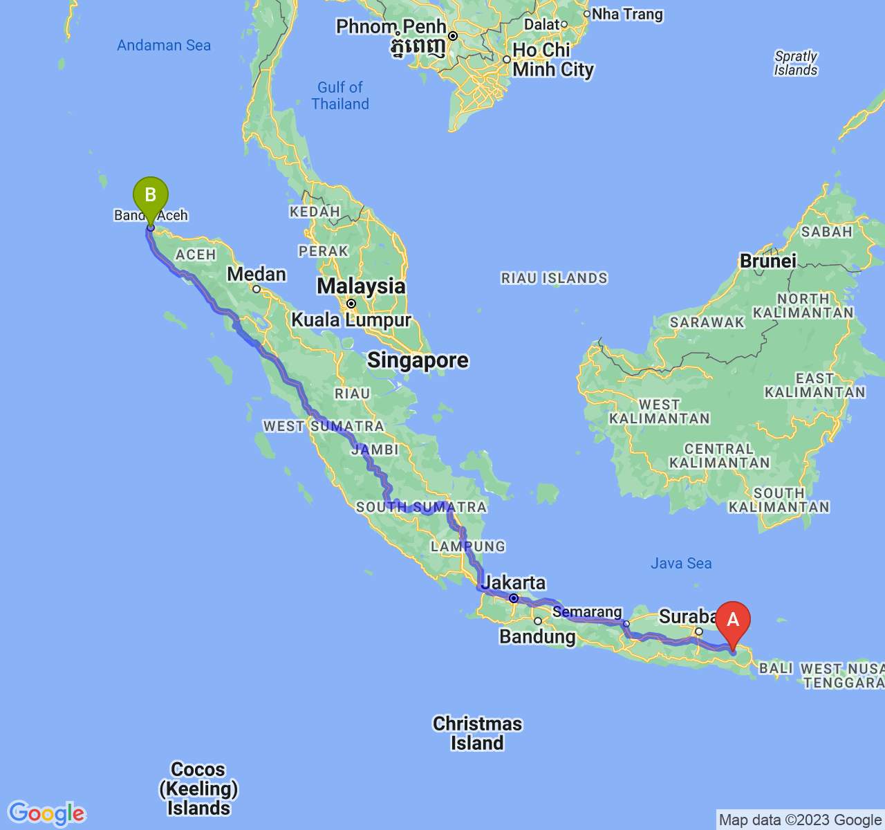 perjalanan dengan rute Kab. Bondowoso-Kota Banda Aceh