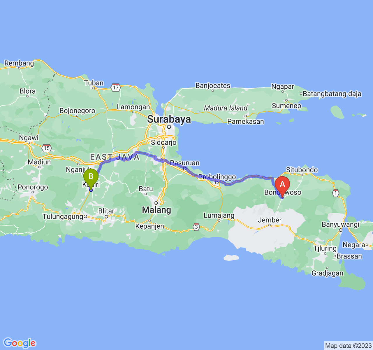 perjalanan dengan rute Kab. Bondowoso-Kota Kediri