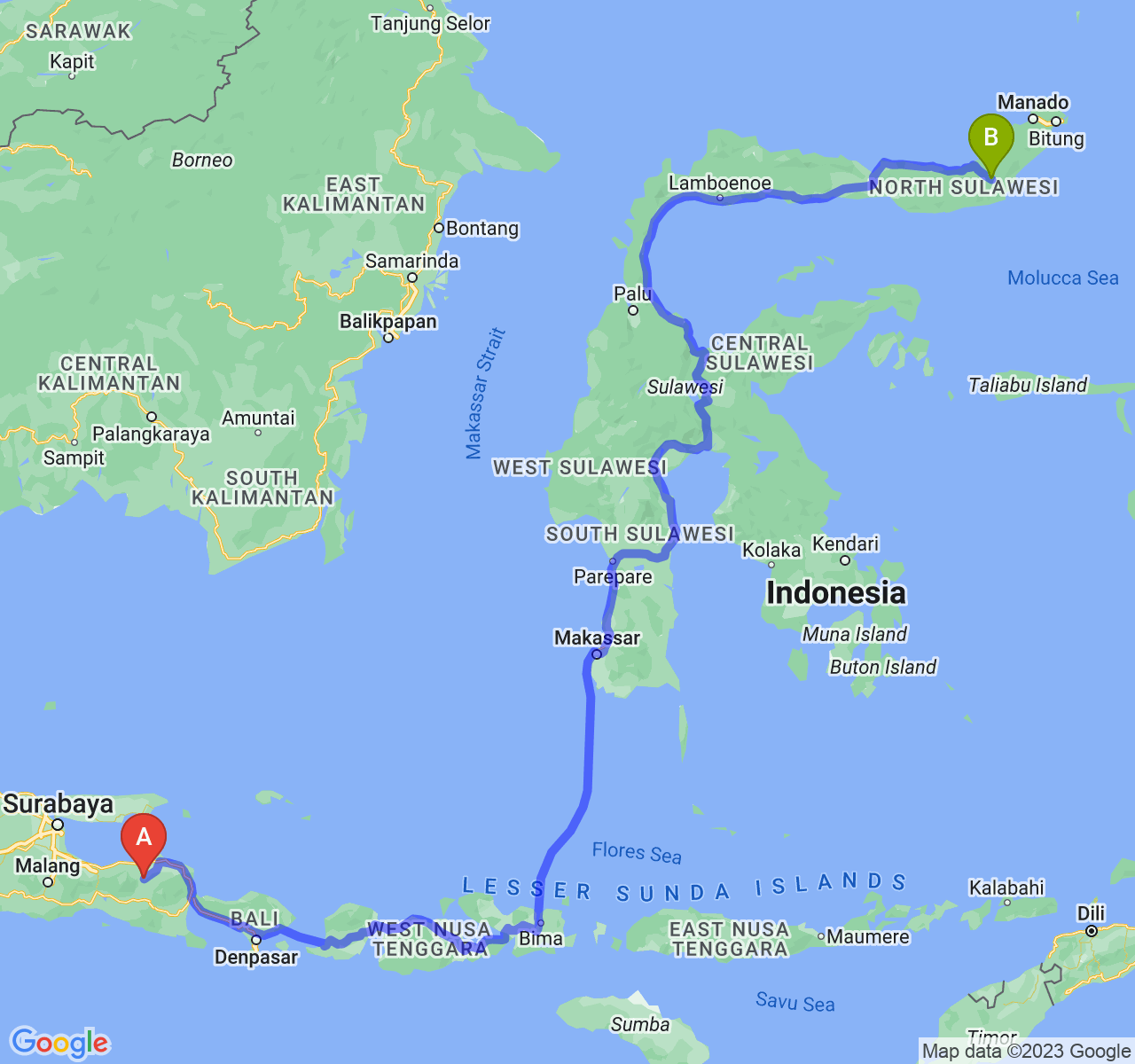 perjalanan dengan rute Kab. Bondowoso-Kota Kotamobagu