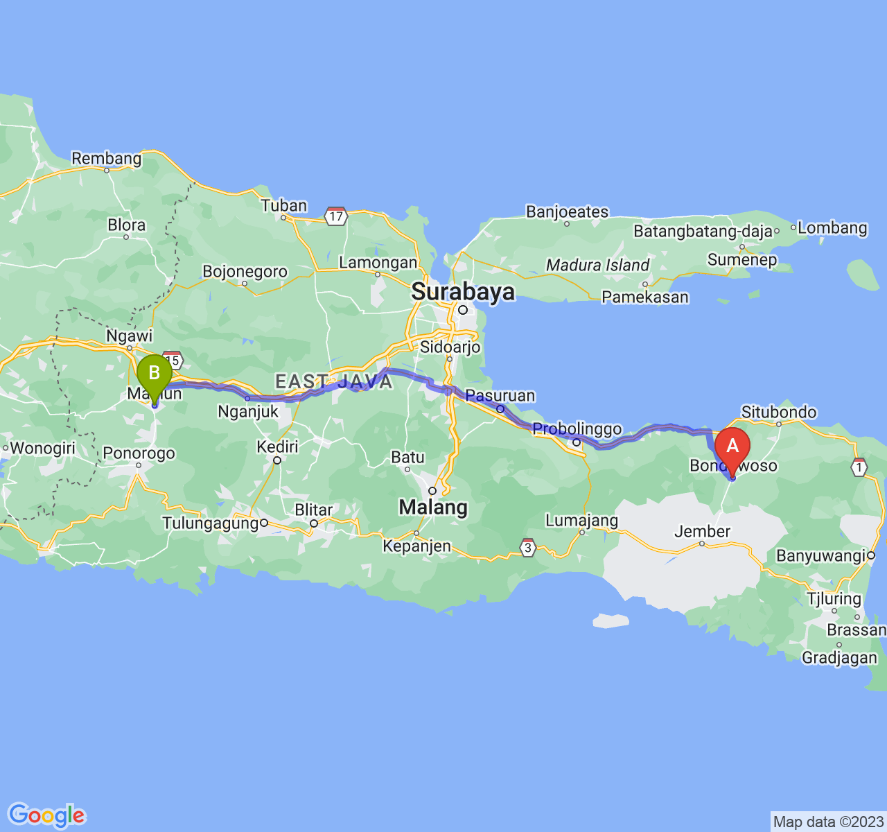 perjalanan dengan rute Kab. Bondowoso-Kota Madiun