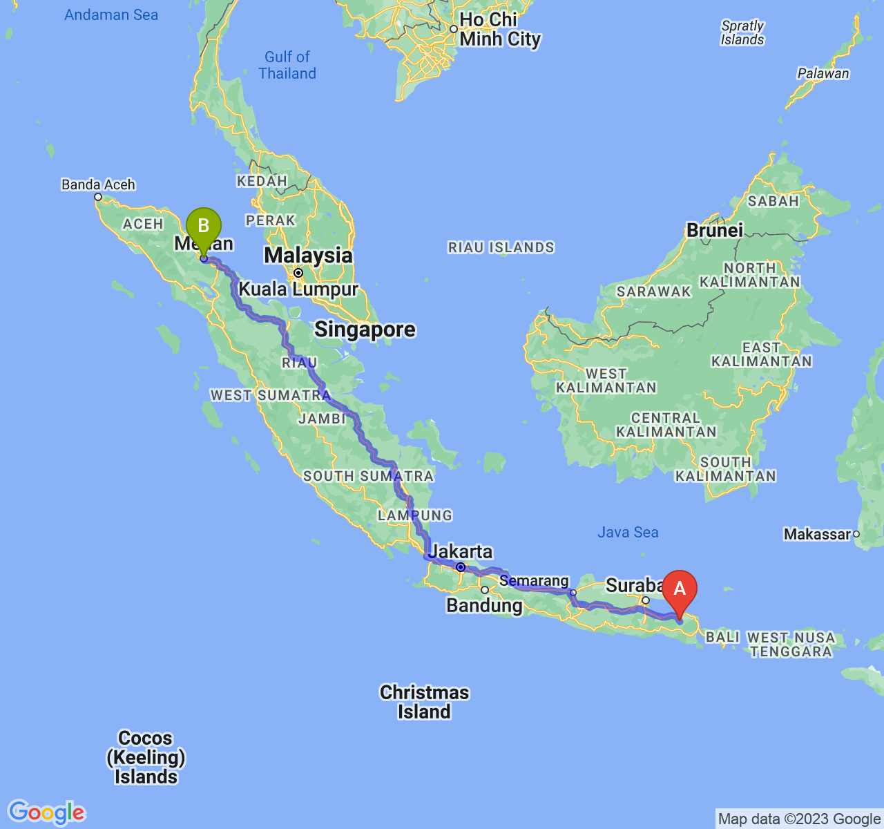 perjalanan dengan rute Kab. Bondowoso-Kota Medan