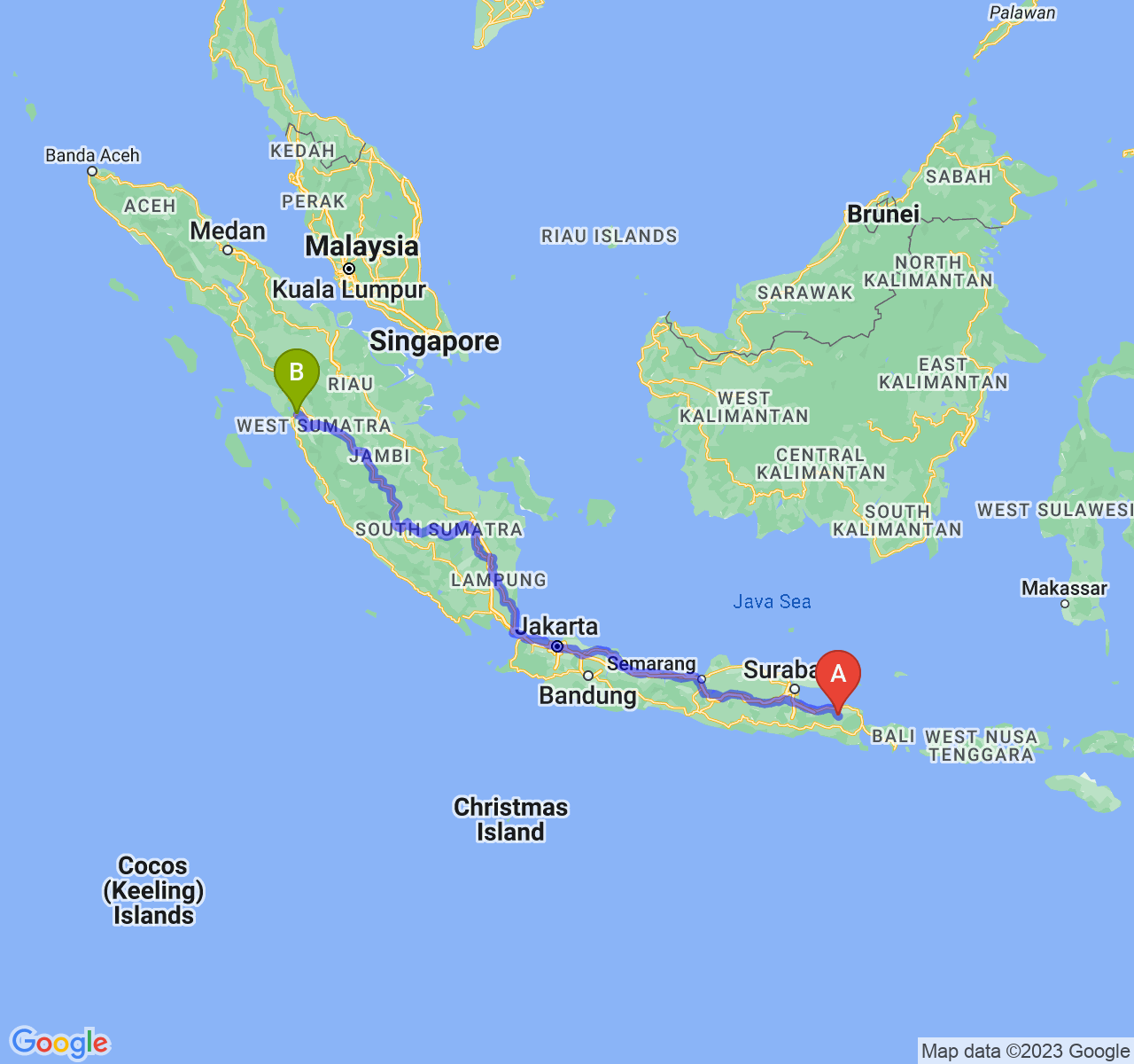 perjalanan dengan rute Kab. Bondowoso-Kota Padang Panjang