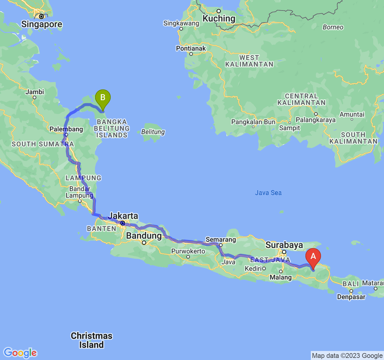 perjalanan dengan rute Kab. Bondowoso-Kota Pangkalpinang