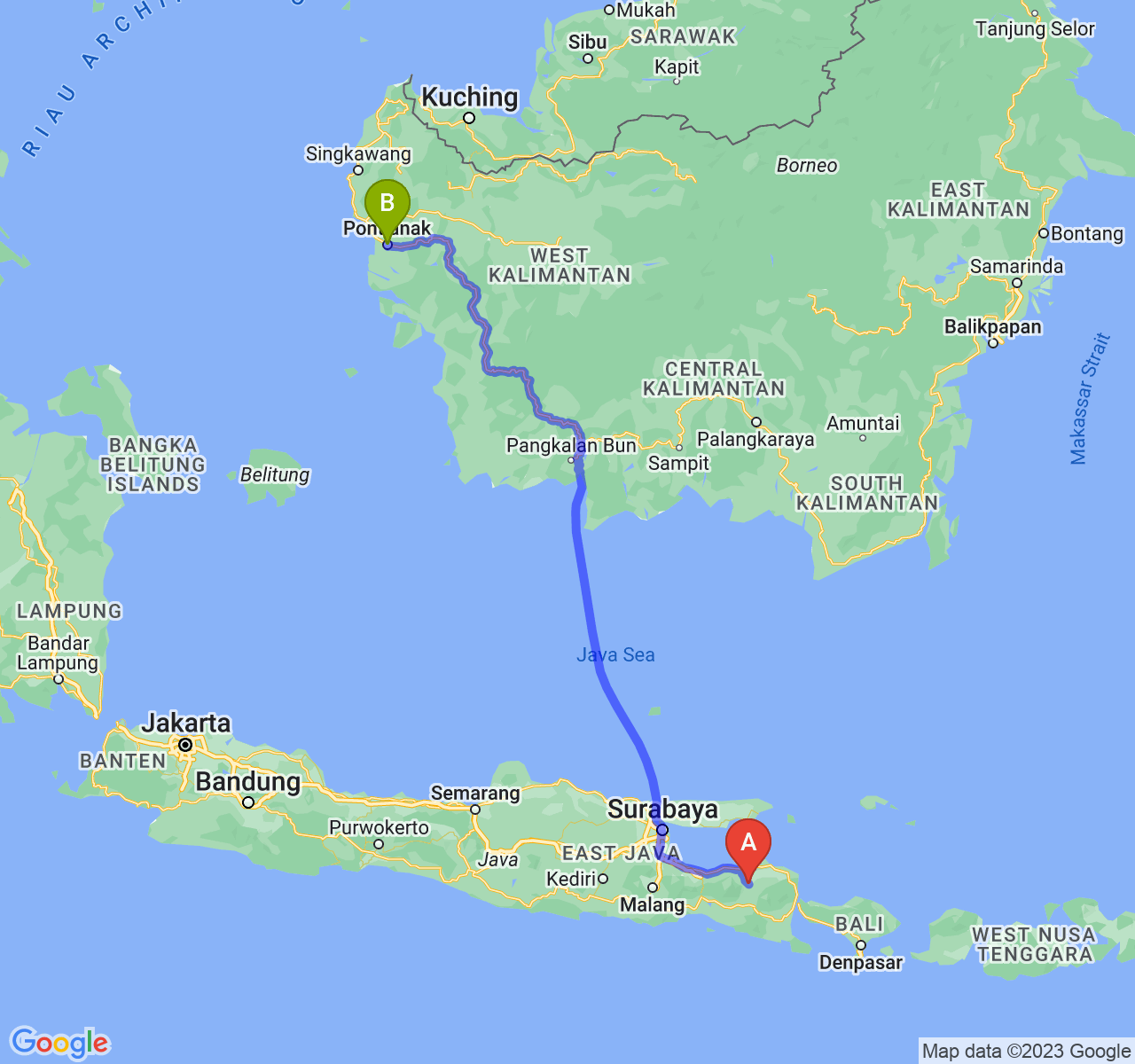 perjalanan dengan rute Kab. Bondowoso-Kota Pontianak