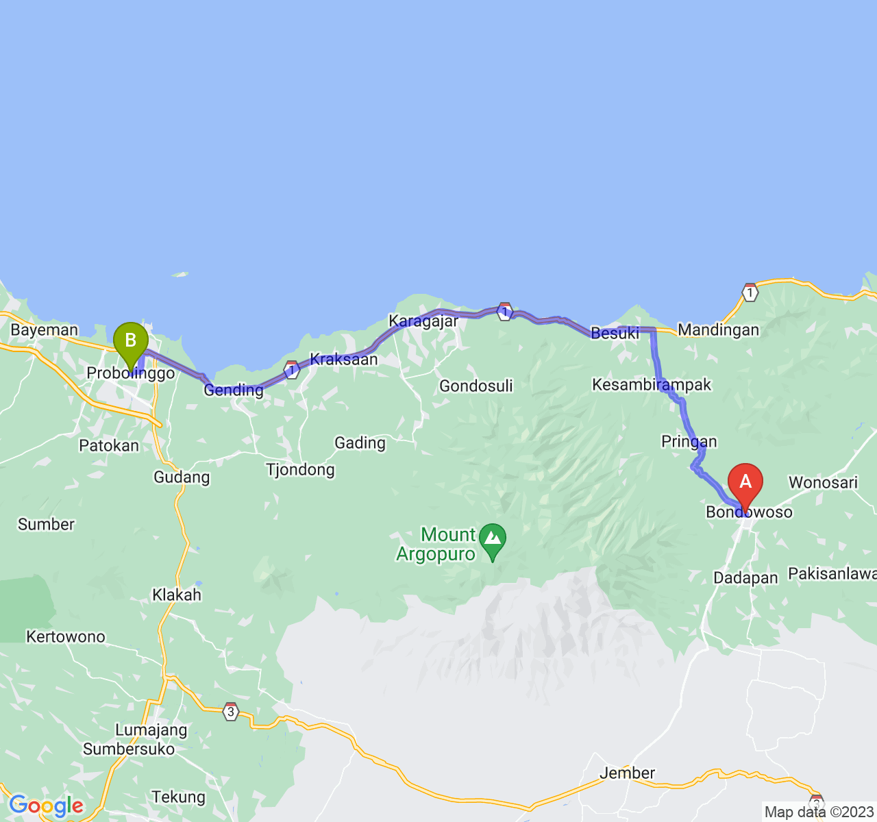 perjalanan dengan rute Kab. Bondowoso-Kota Probolinggo