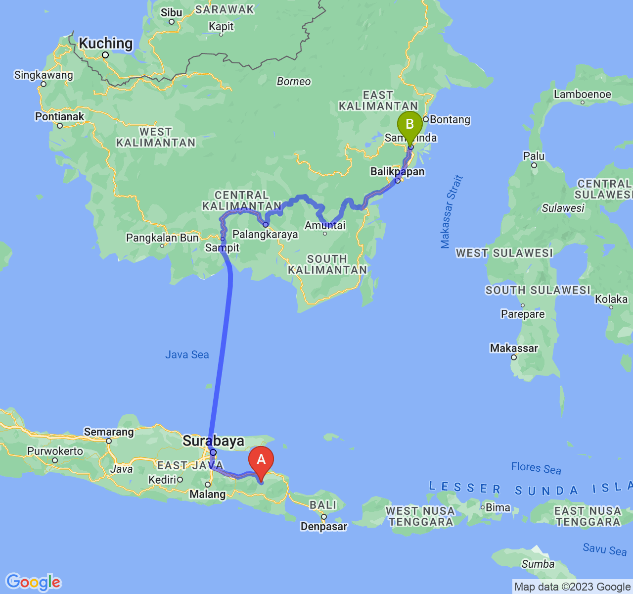 perjalanan dengan rute Kab. Bondowoso-Kota Samarinda