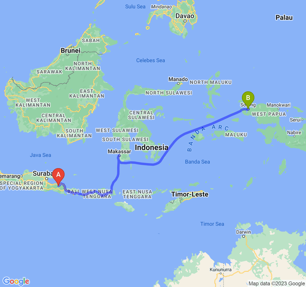 perjalanan dengan rute Kab. Bondowoso-Kota Sorong