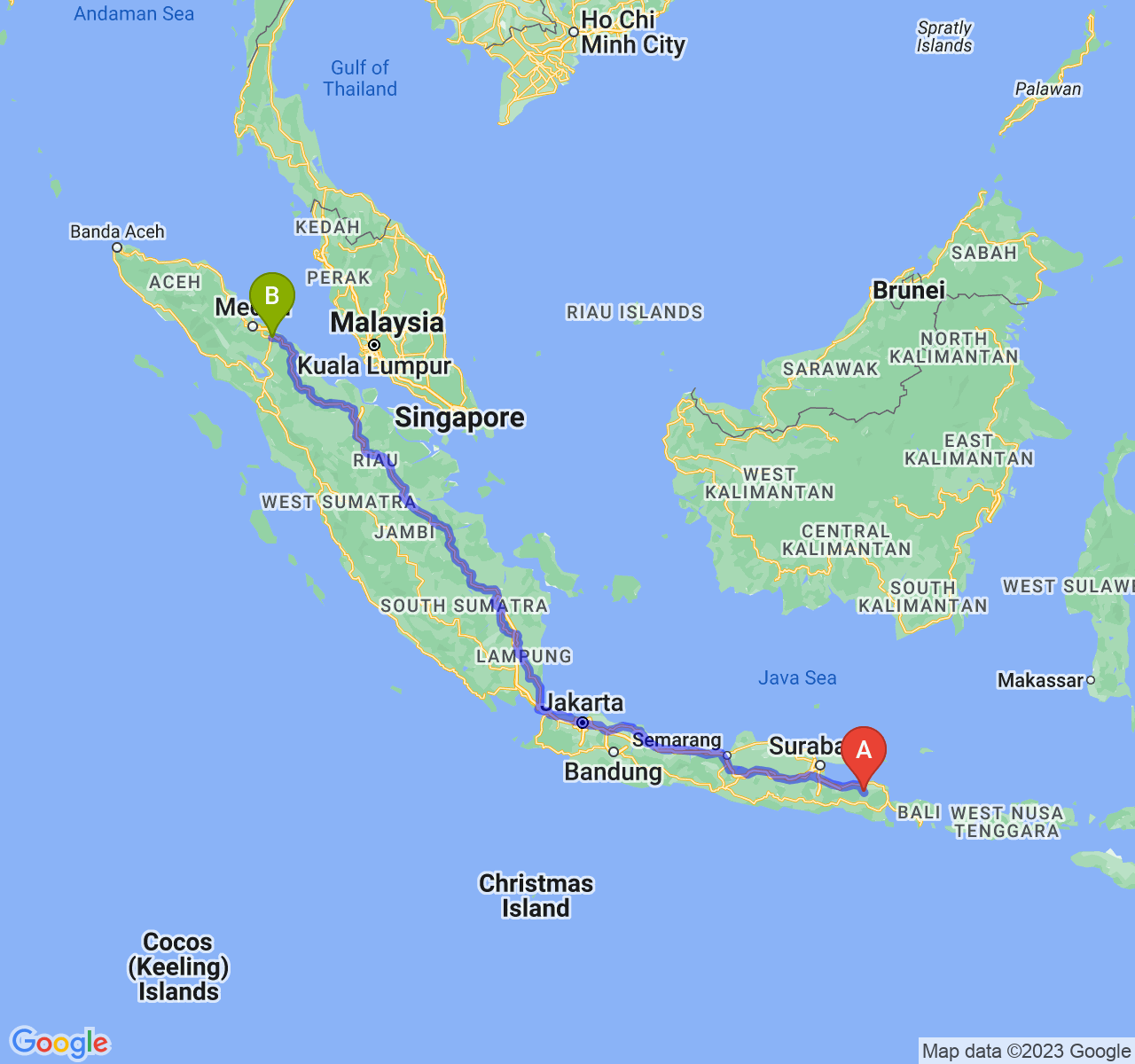 perjalanan dengan rute Kab. Bondowoso-Kota Tebing Tinggi