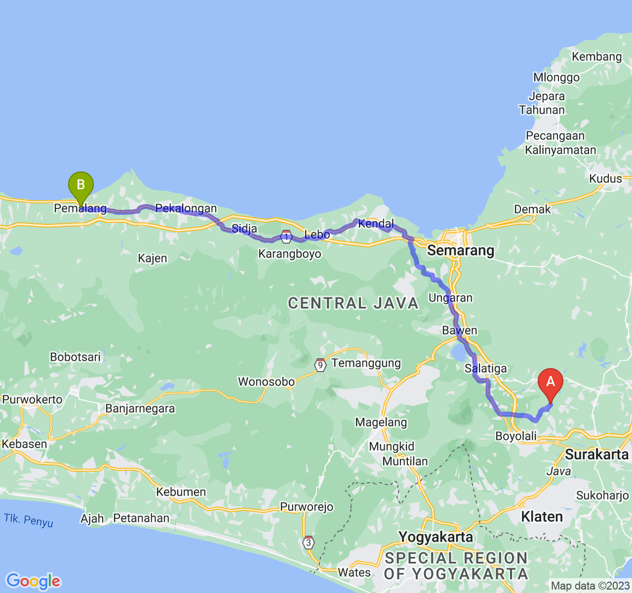 perjalanan dengan rute Kab. Boyolali-Kab. Pemalang