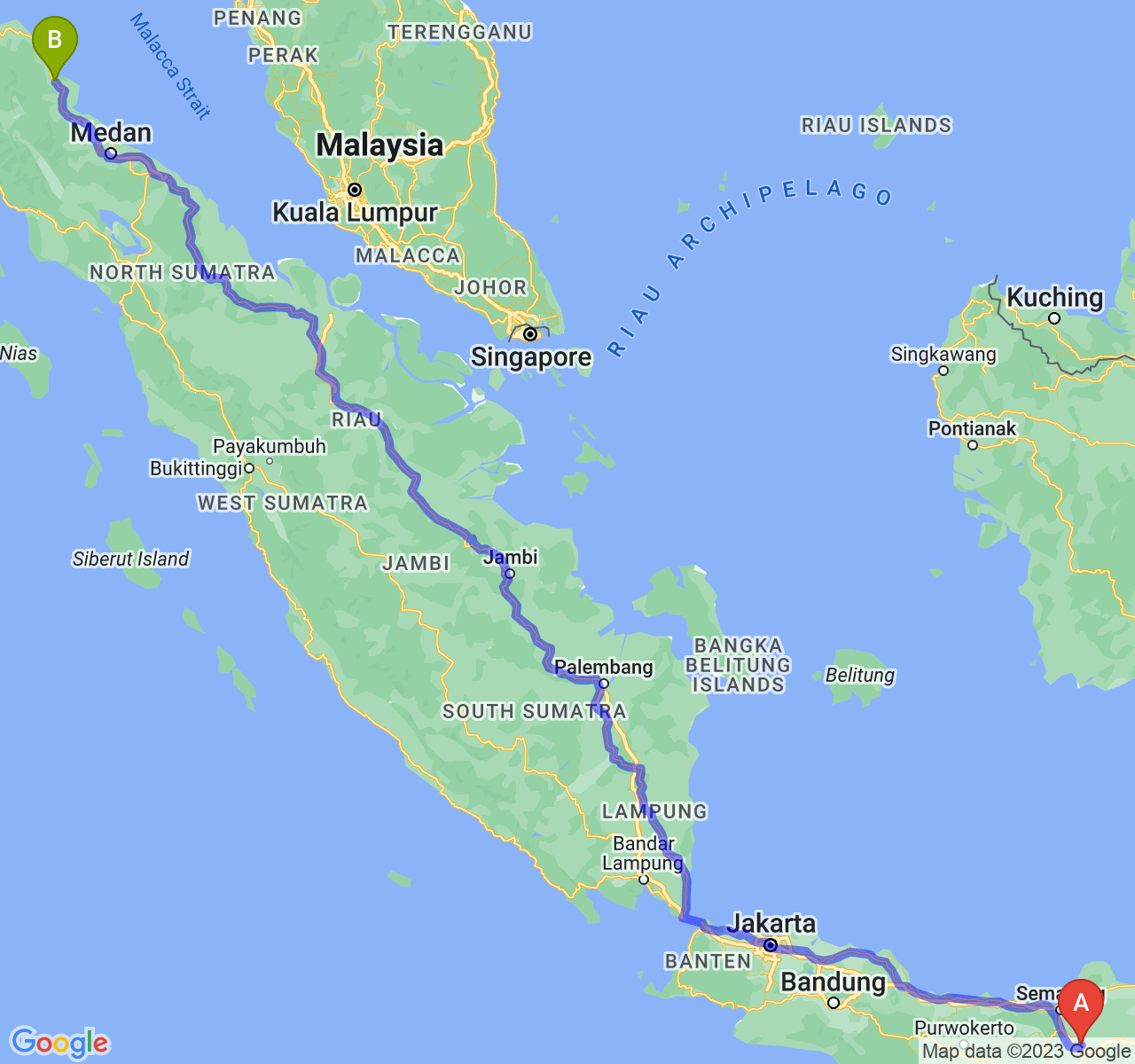 perjalanan dengan rute Kab. Boyolali-Kota Langsa