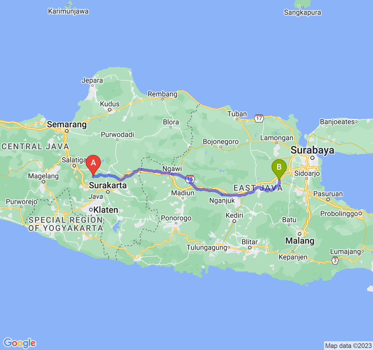 perjalanan dengan rute Kab. Boyolali-Kota Mojokerto