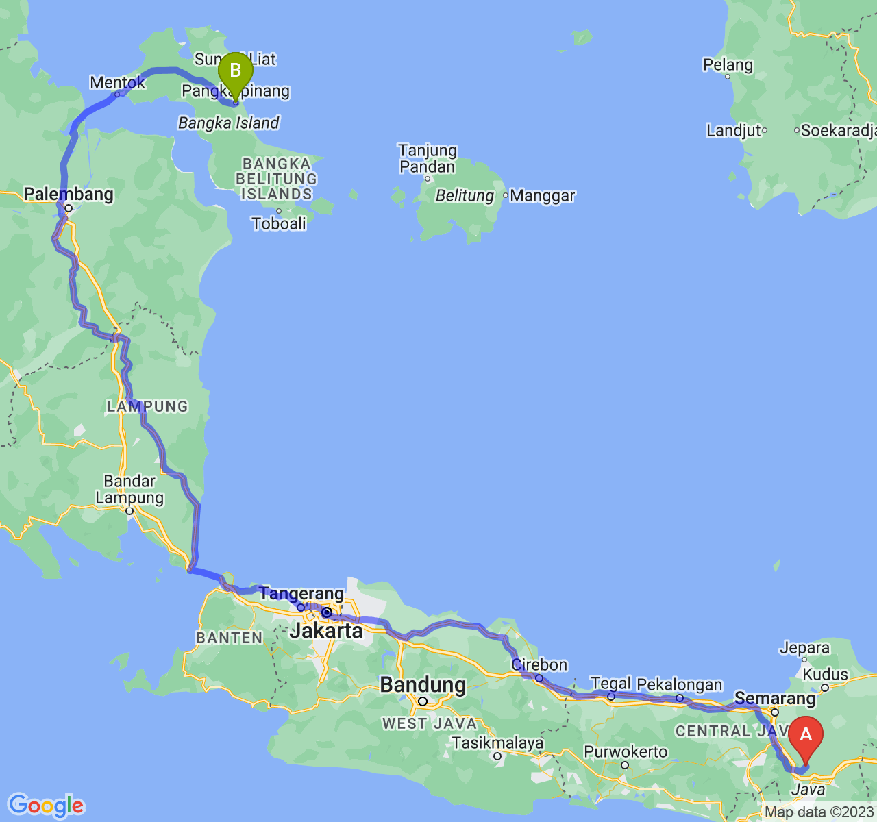 perjalanan dengan rute Kab. Boyolali-Kota Pangkalpinang