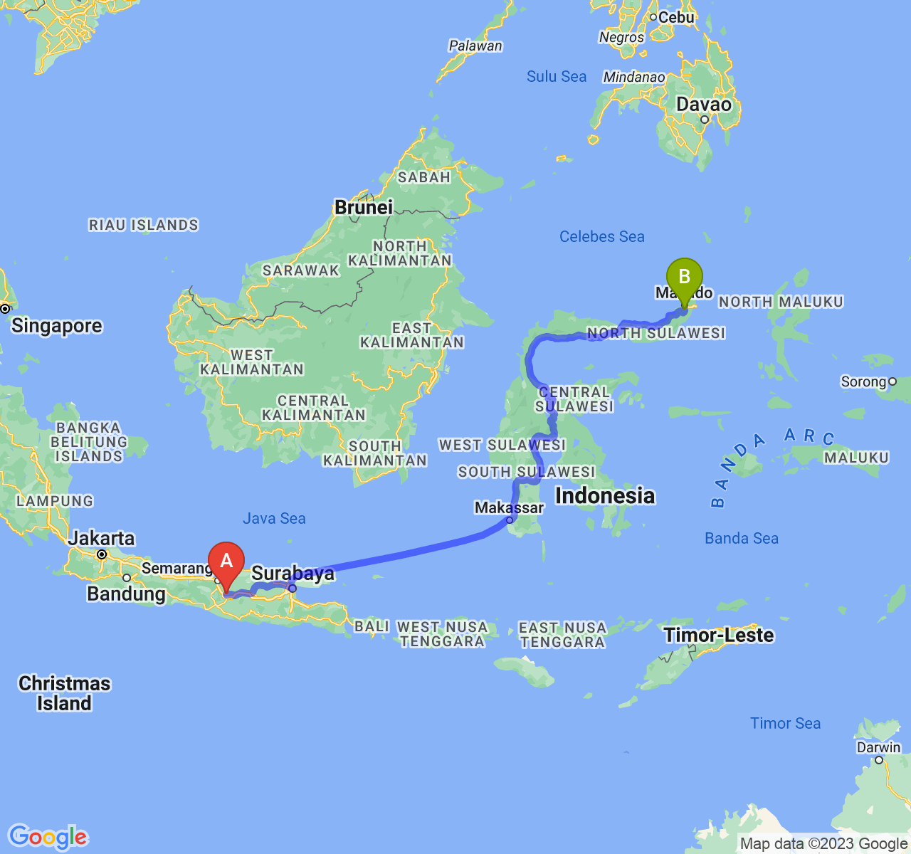 perjalanan dengan rute Kab. Boyolali-Kota Tomohon