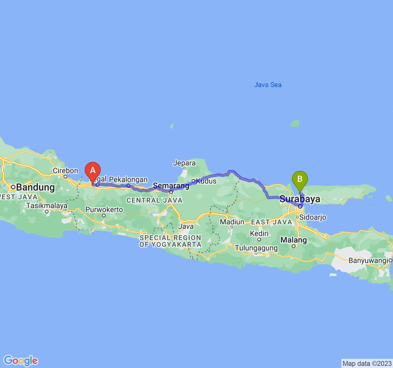 perjalanan dengan rute Kab. Brebes-Kab. Bangkalan