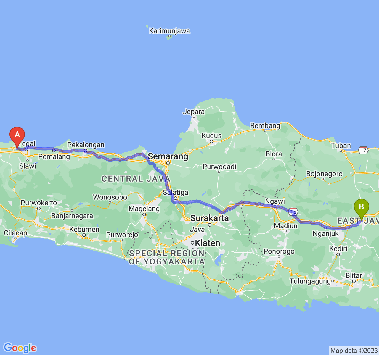 perjalanan dengan rute Kab. Brebes-Kab. Jombang