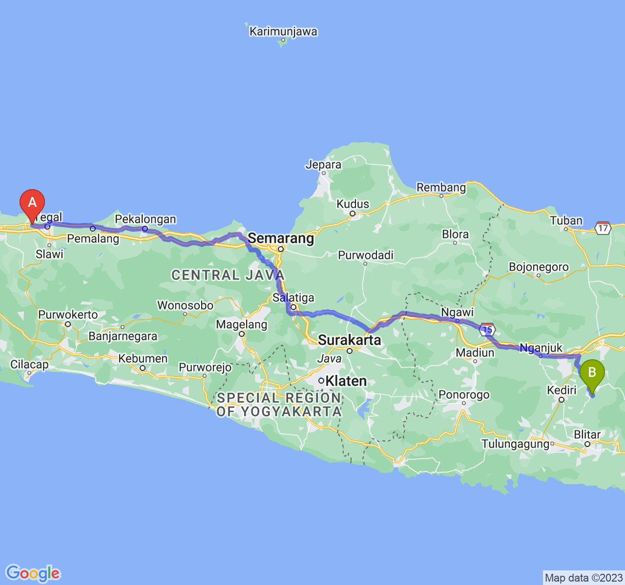 perjalanan dengan rute Kab. Brebes-Kab. Kediri