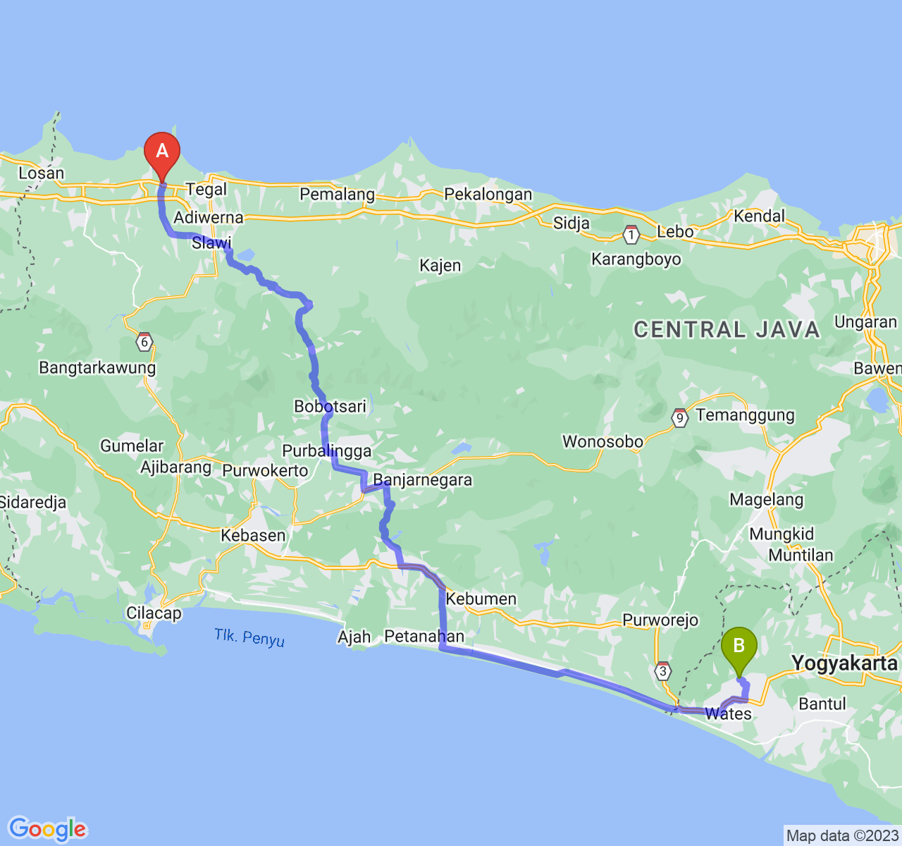 perjalanan dengan rute Kab. Brebes-Kab. Kulon Progo