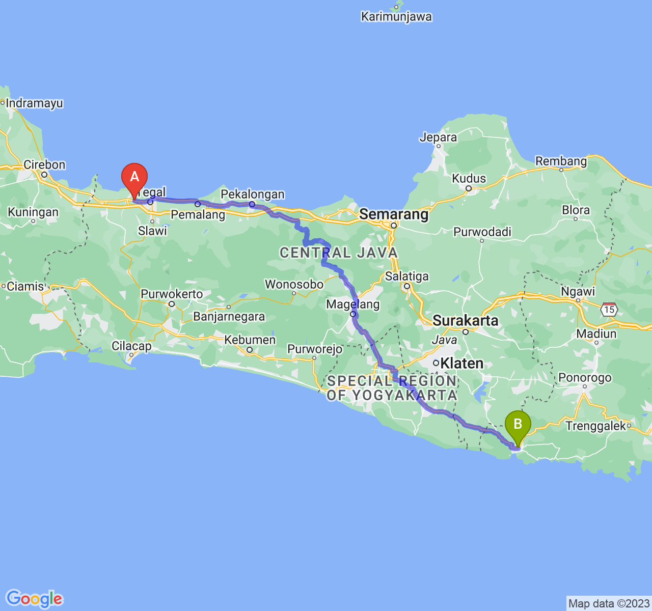 perjalanan dengan rute Kab. Brebes-Kab. Pacitan