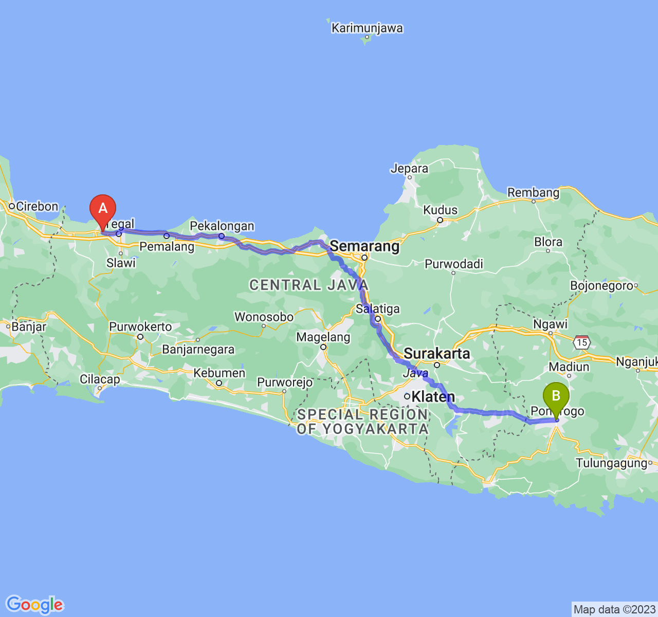 perjalanan dengan rute Kab. Brebes-Kab. Ponorogo