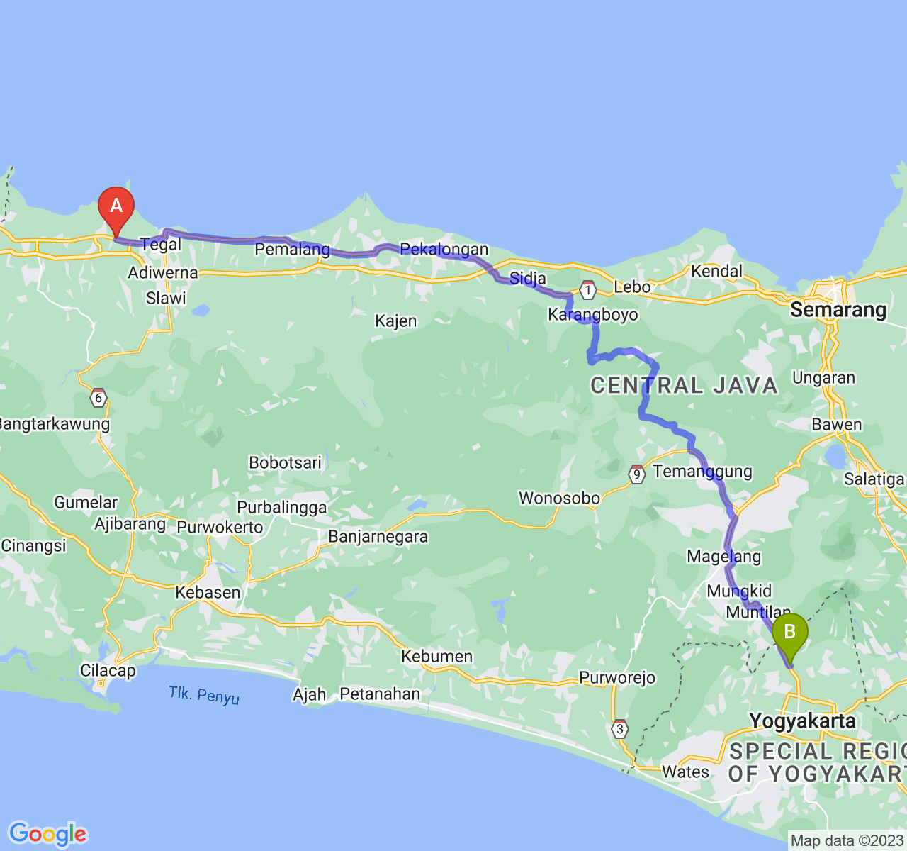 perjalanan dengan rute Kab. Brebes-Kab. Sleman