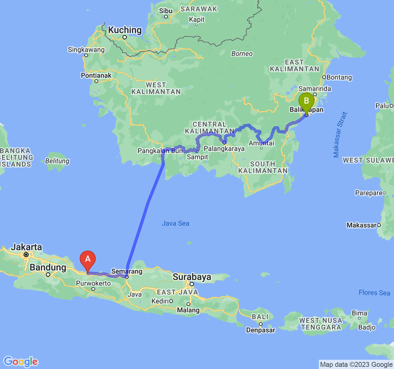 perjalanan dengan rute Kab. Brebes-Kota Balikpapan