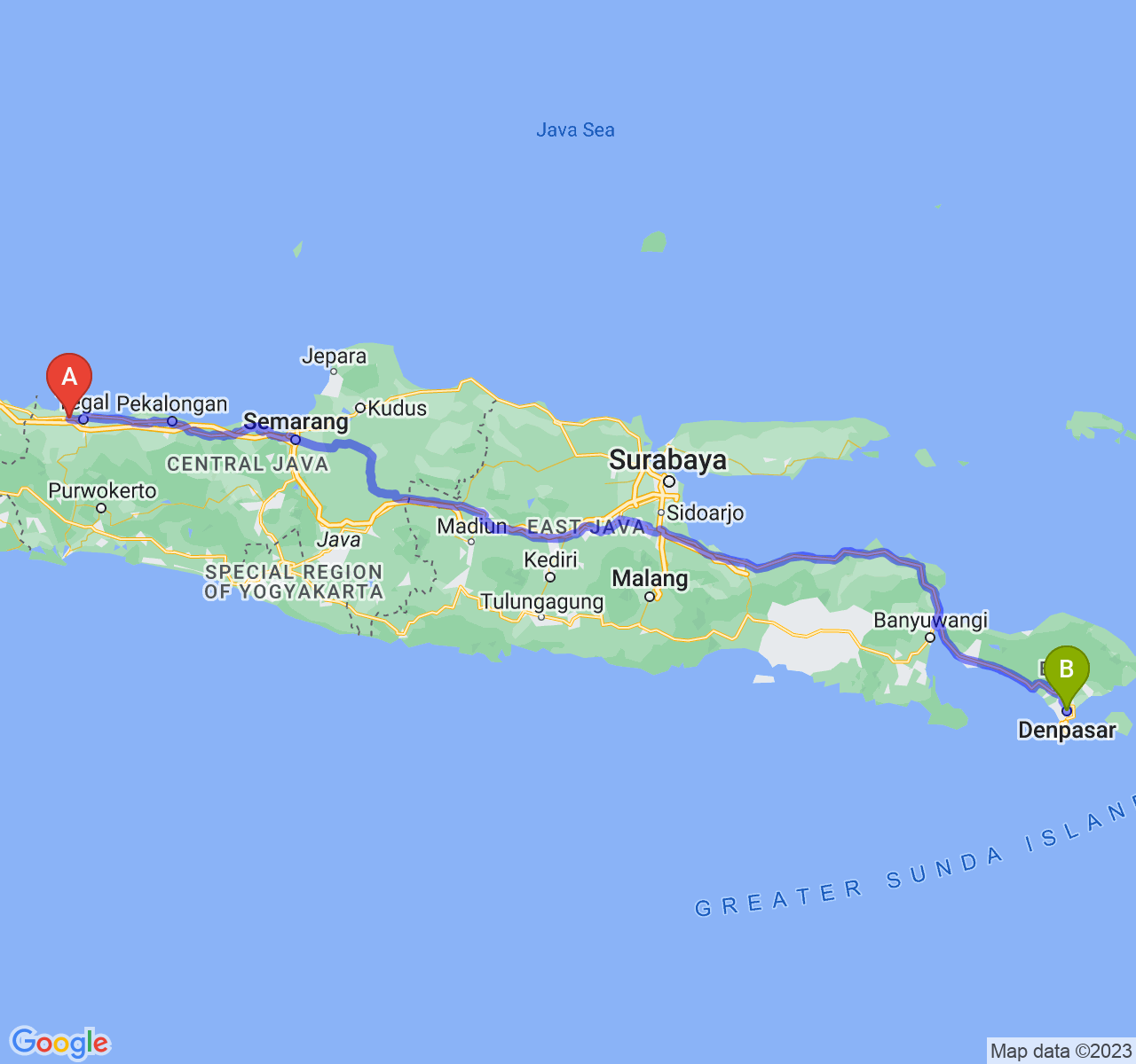 perjalanan dengan rute Kab. Brebes-Kota Denpasar