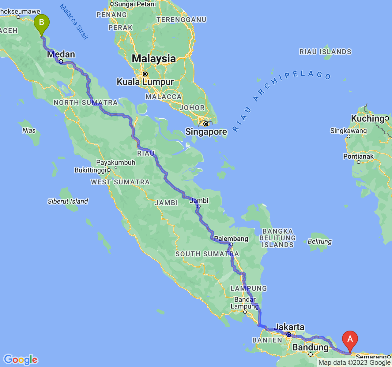 perjalanan dengan rute Kab. Brebes-Kota Langsa