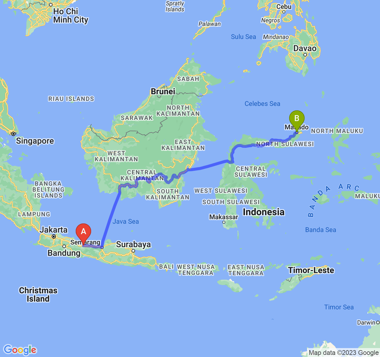 perjalanan dengan rute Kab. Brebes-Kota Manado