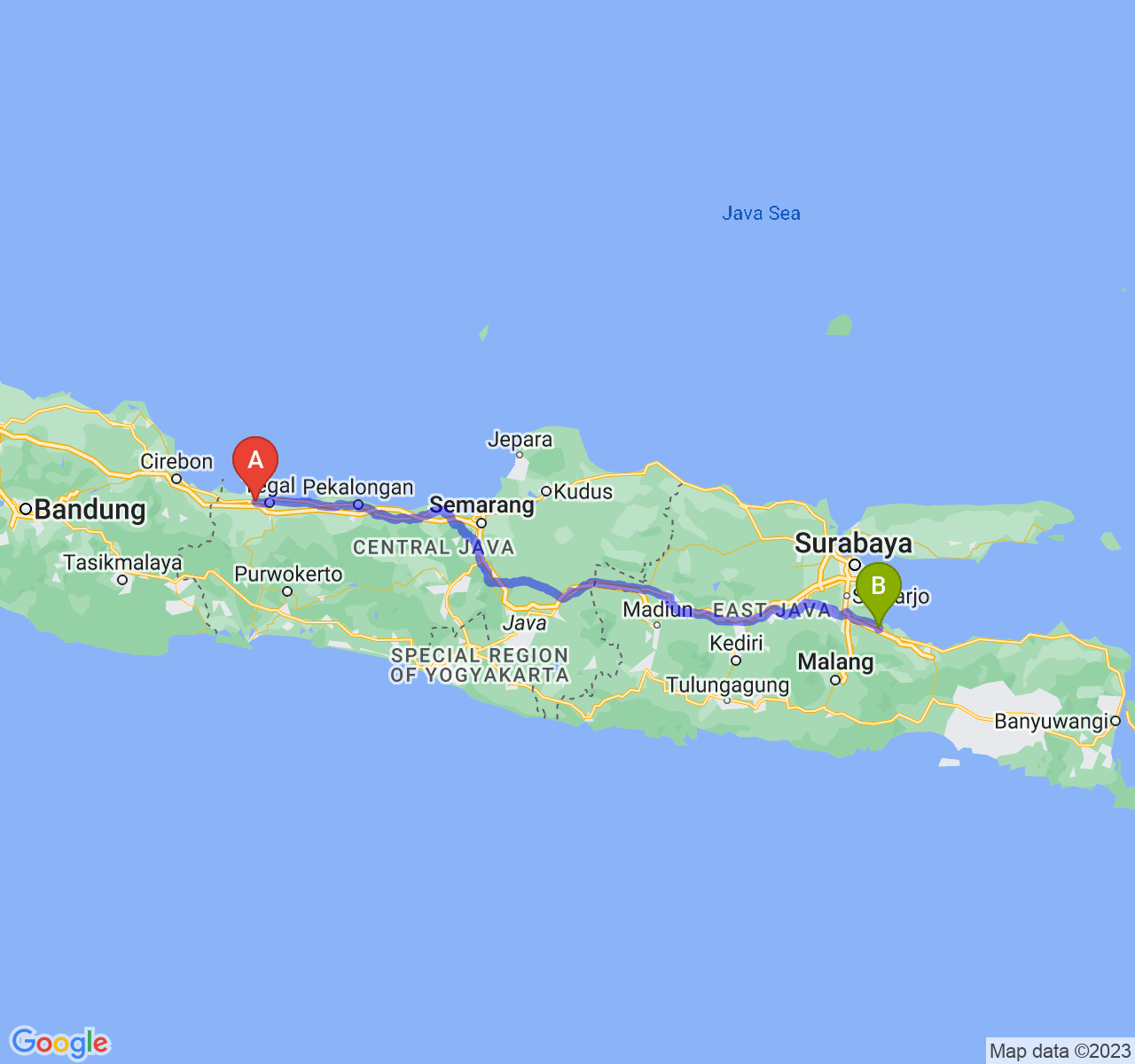 perjalanan dengan rute Kab. Brebes-Kota Pasuruan