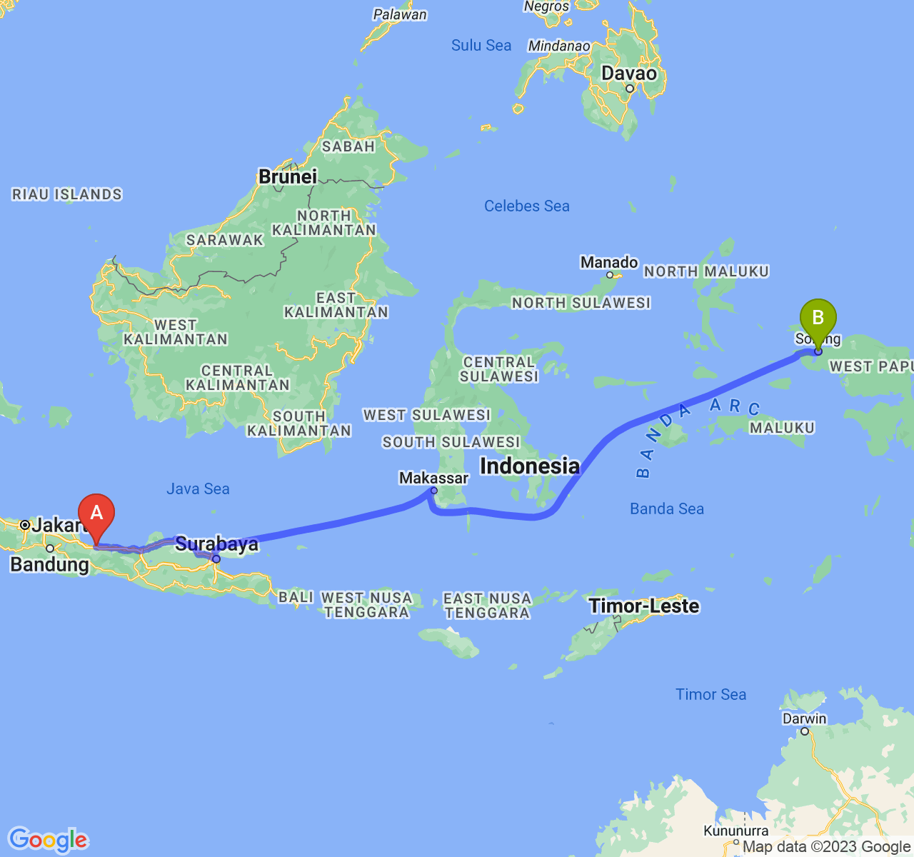 perjalanan dengan rute Kab. Brebes-Kota Sorong