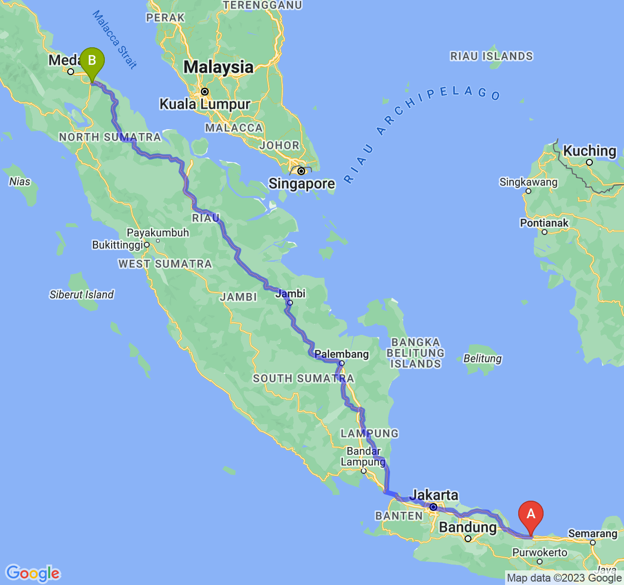 perjalanan dengan rute Kab. Brebes-Kota Tebing Tinggi