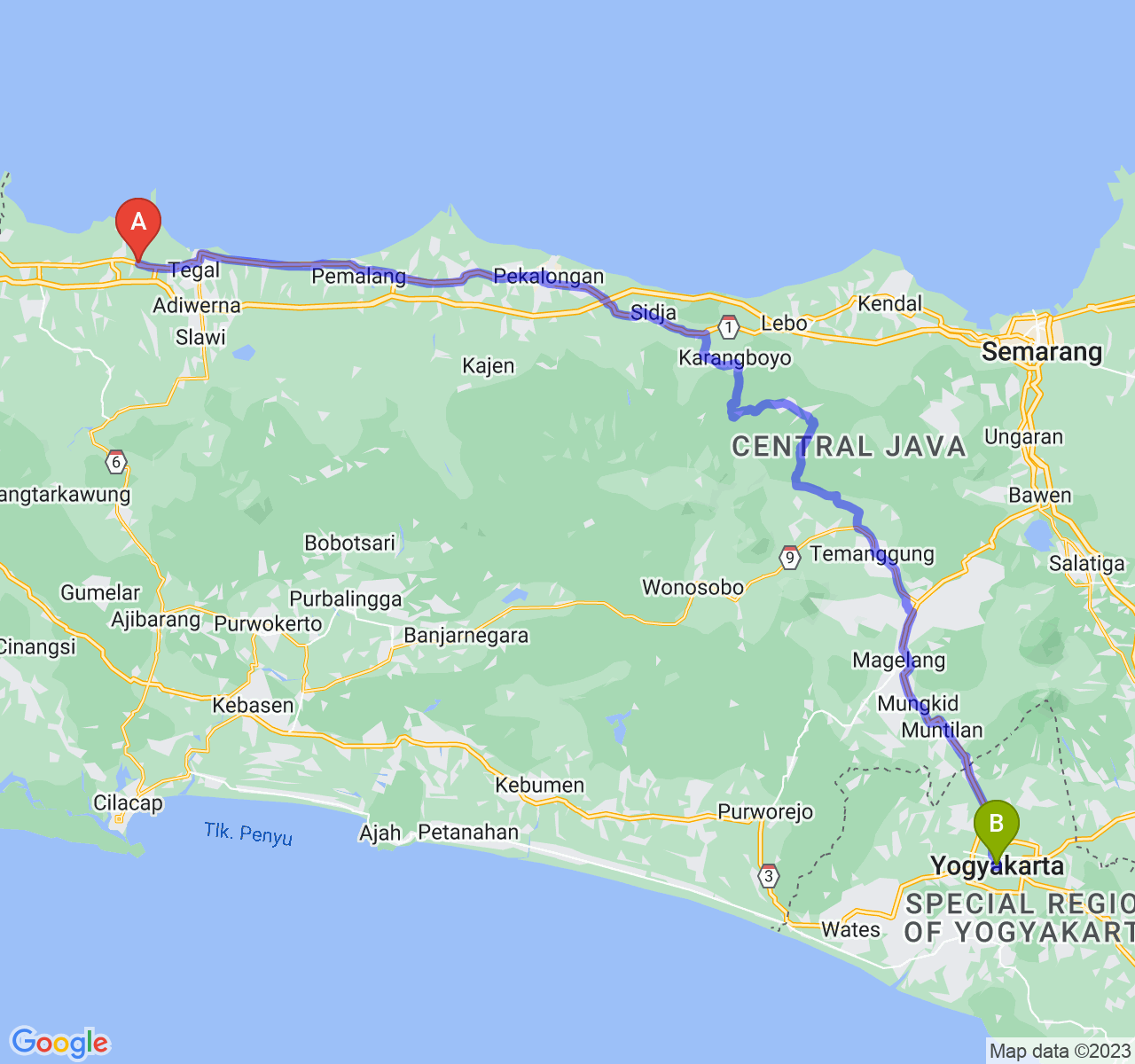 perjalanan dengan rute Kab. Brebes-Kota Yogyakarta