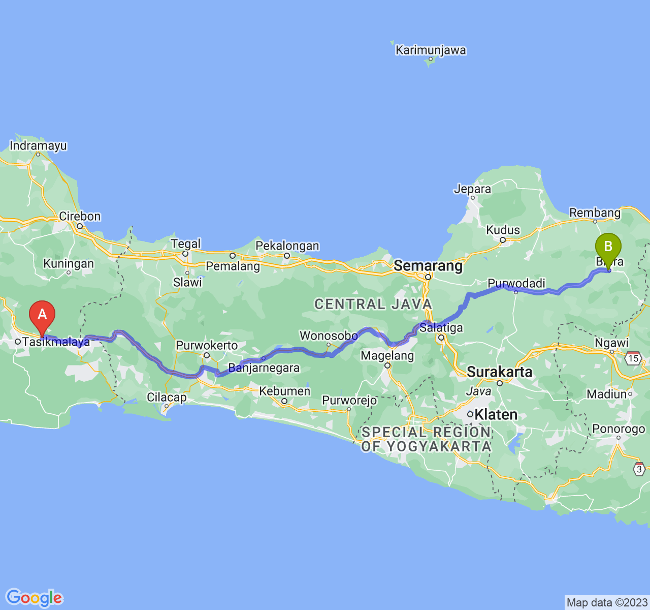 perjalanan dengan rute Kab. Ciamis-Kab. Blora