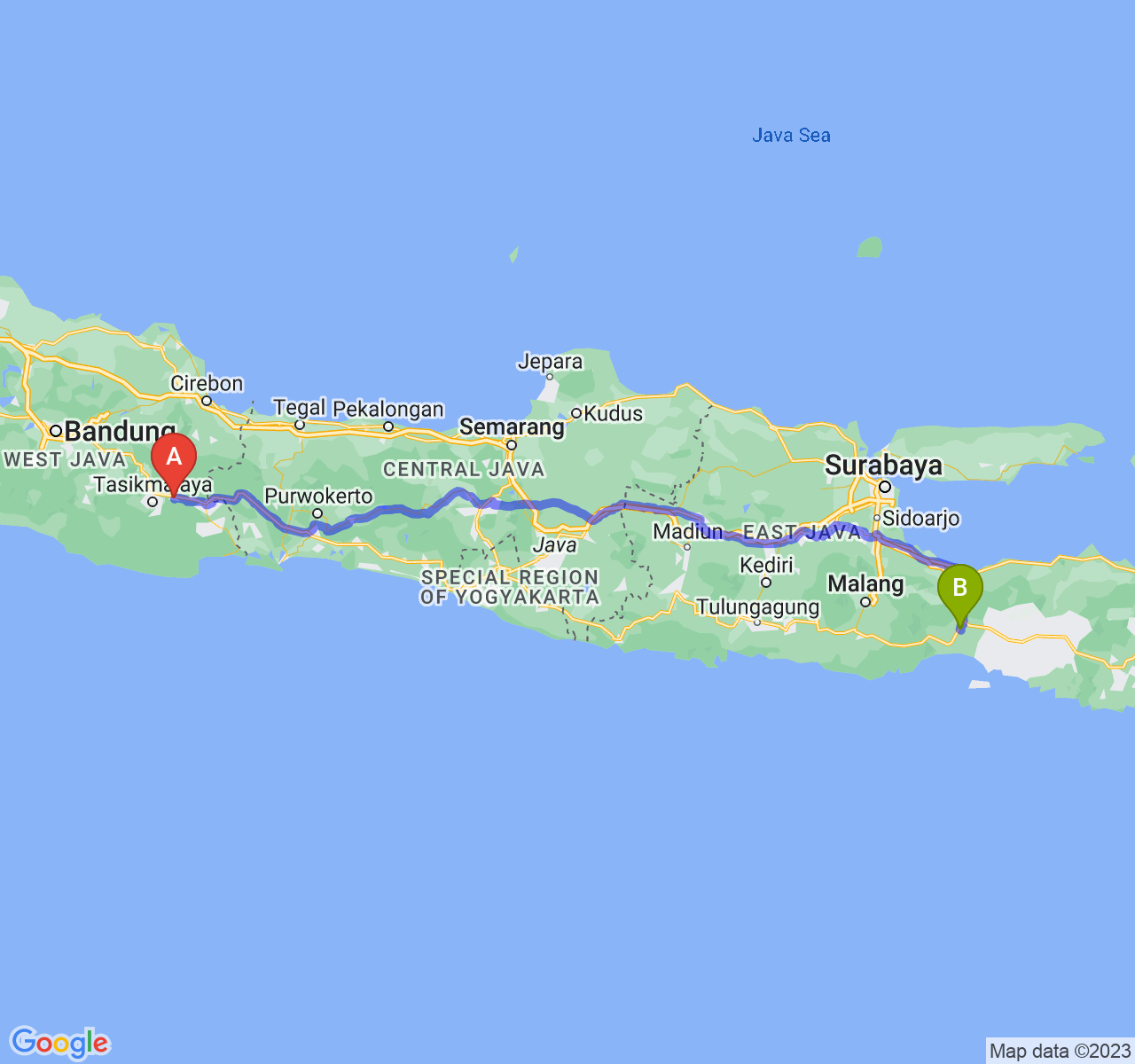 perjalanan dengan rute Kab. Ciamis-Kab. Lumajang