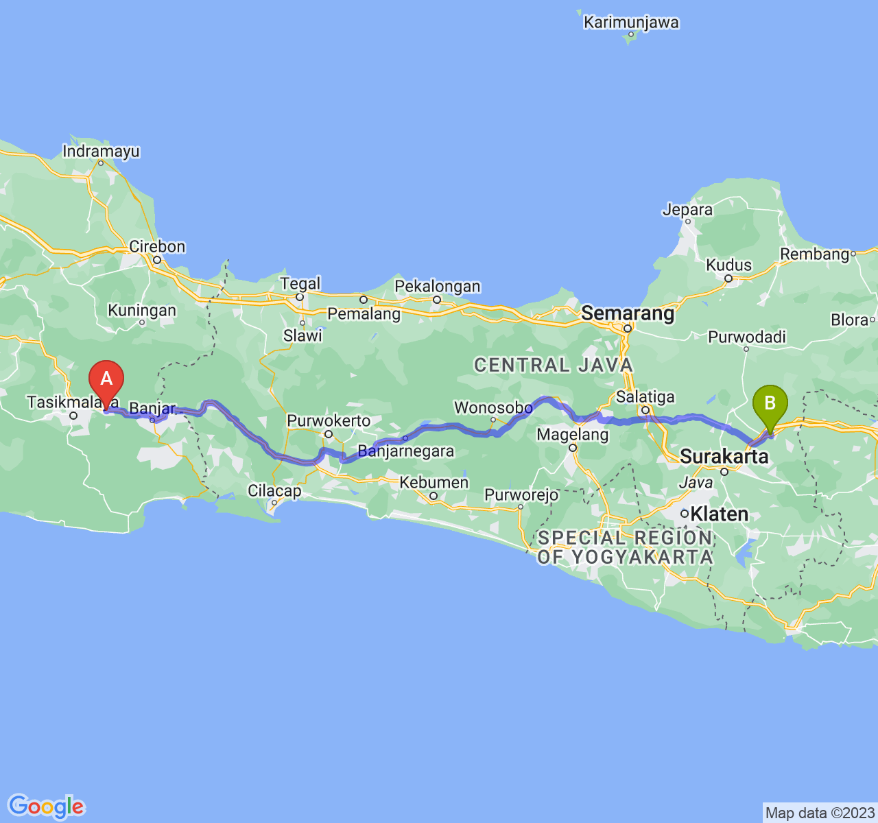 perjalanan dengan rute Kab. Ciamis-Kab. Sragen