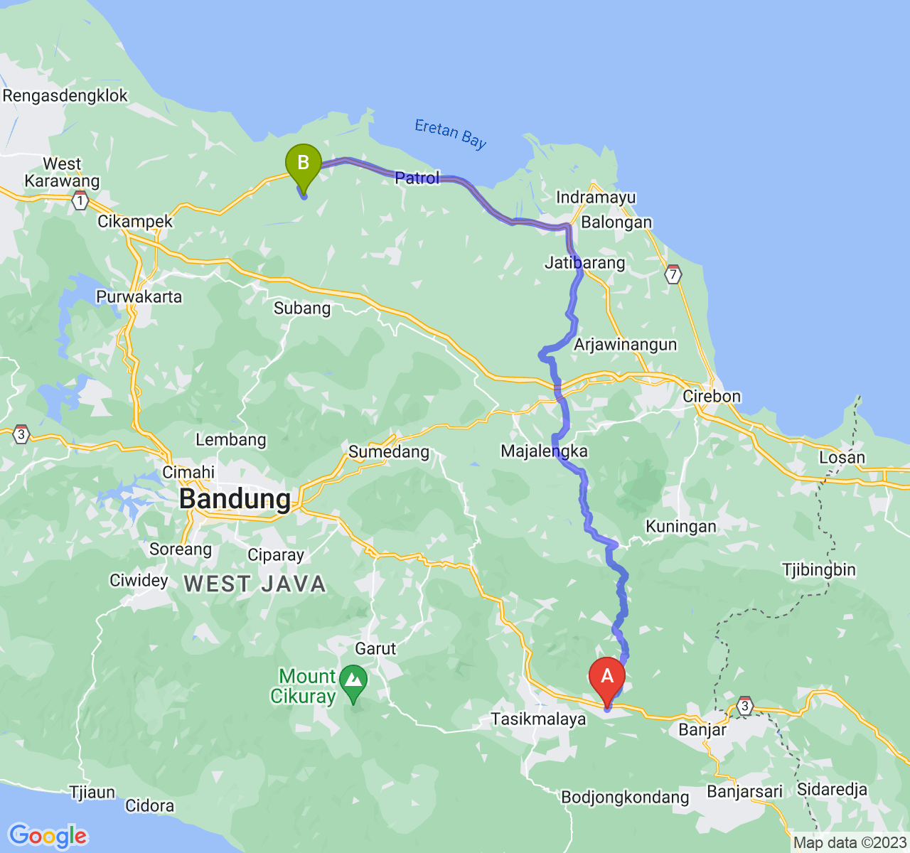 perjalanan dengan rute Kab. Ciamis-Kab. Subang