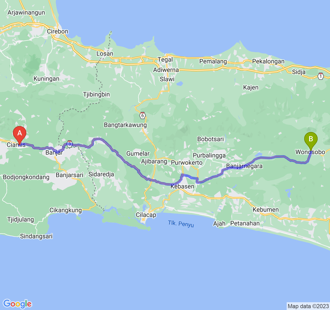 perjalanan dengan rute Kab. Ciamis-Kab. Wonosobo