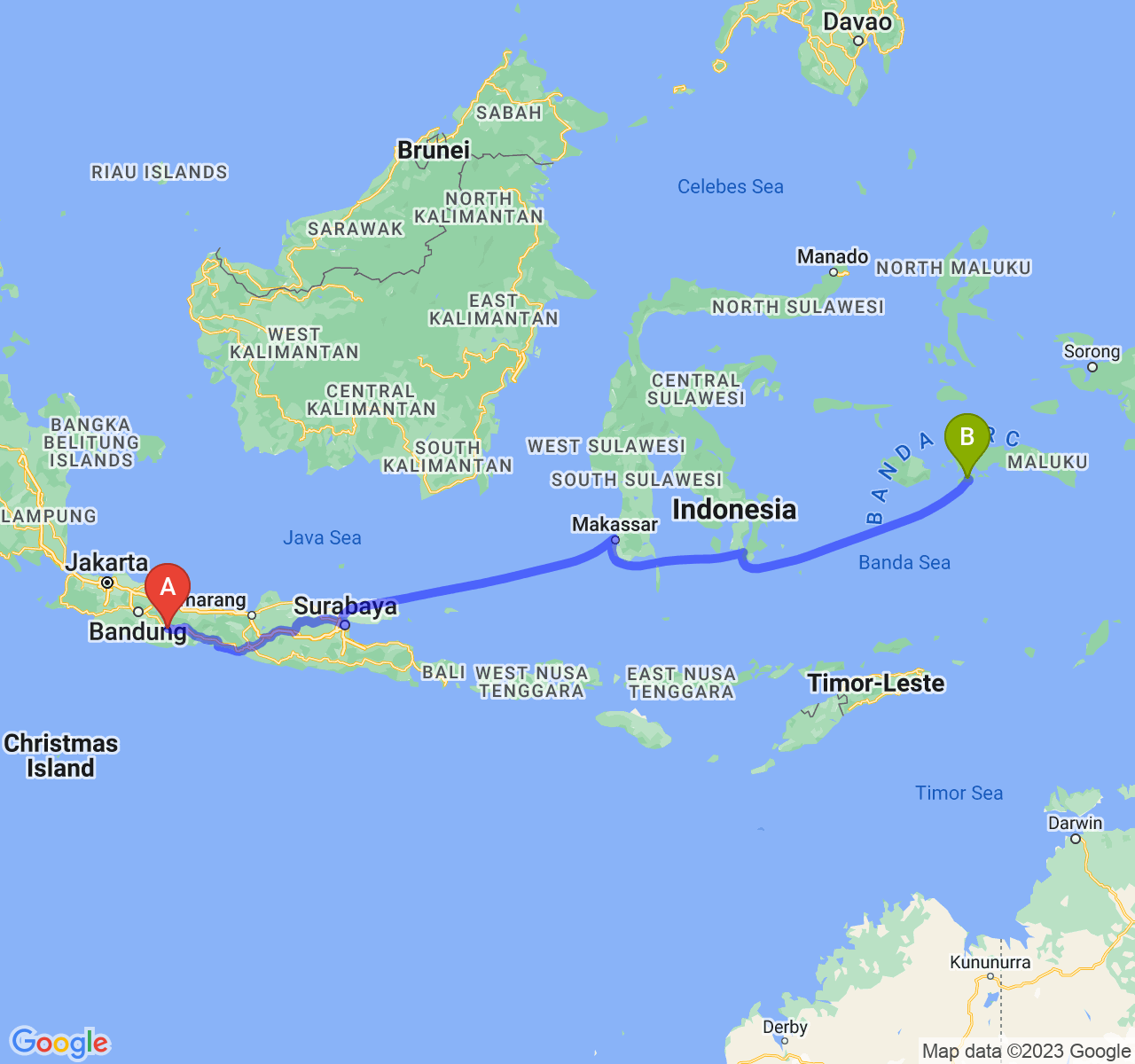 perjalanan dengan rute Kab. Ciamis-Kota Ambon