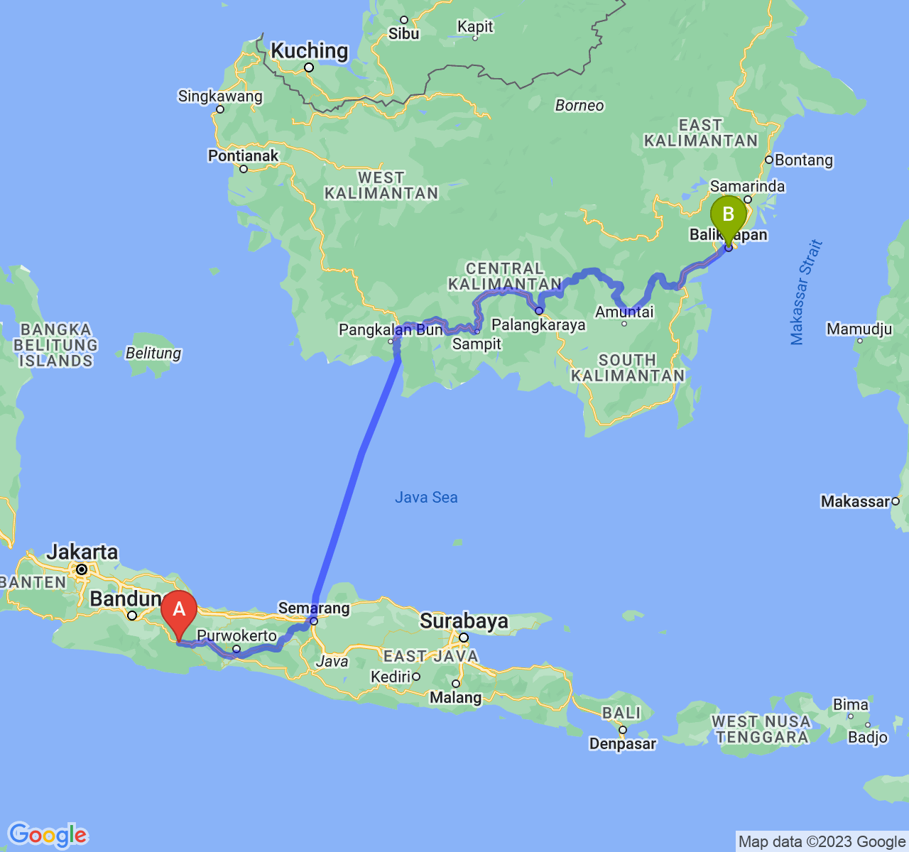 perjalanan dengan rute Kab. Ciamis-Kota Balikpapan