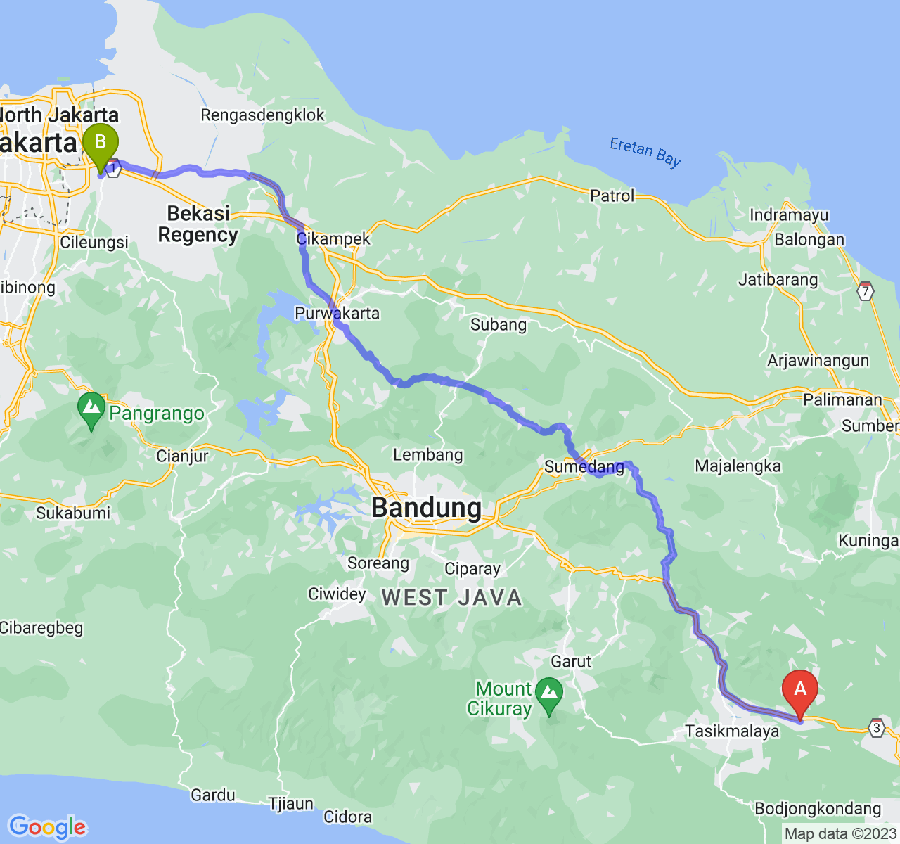 perjalanan dengan rute Kab. Ciamis-Kota Bekasi