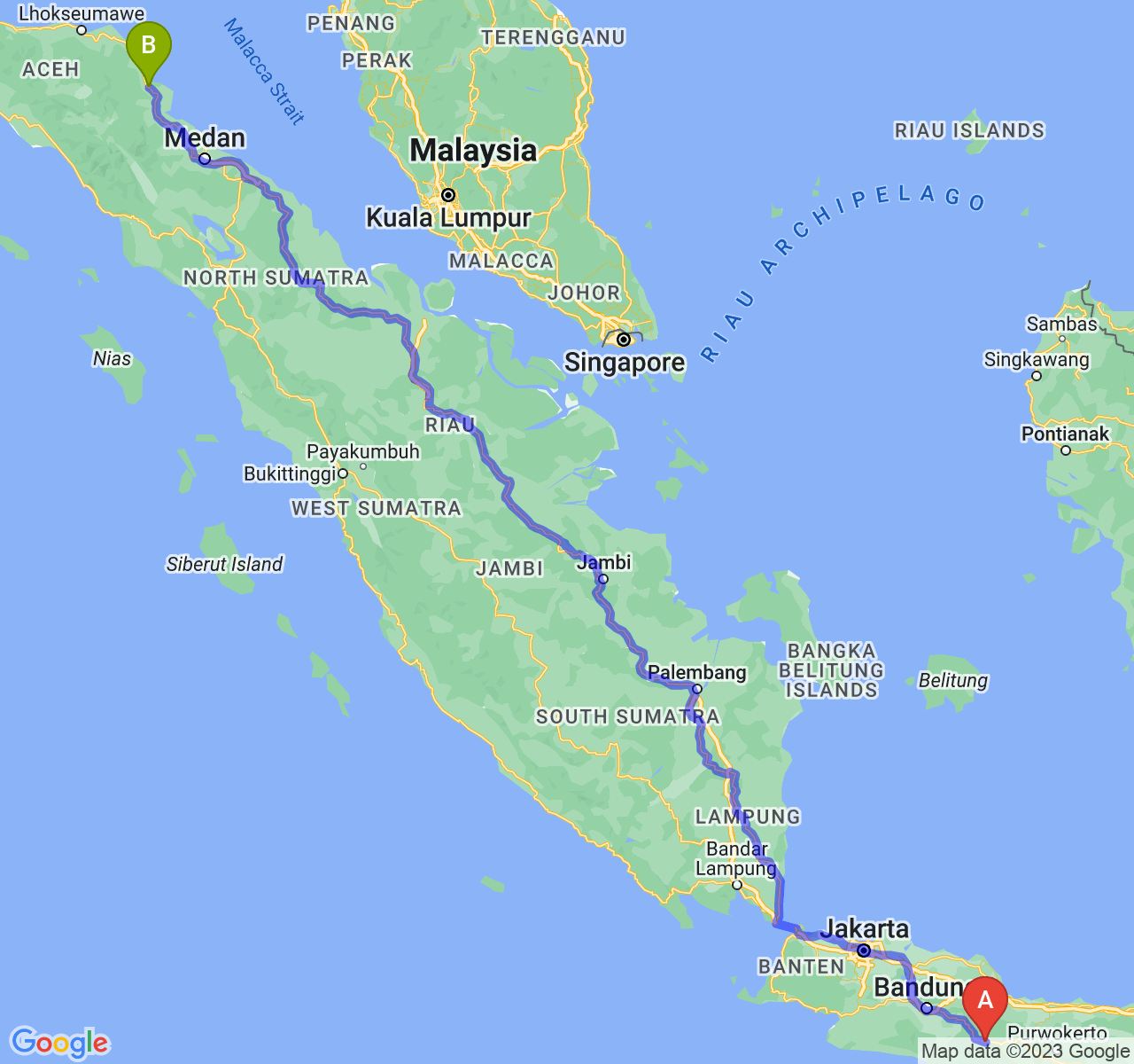 perjalanan dengan rute Kab. Ciamis-Kota Langsa